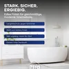 A modern bathroom scene with a bathtub and dresser, overlaid with marketing text about paint features. Produktbild-Vorschau