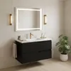 A modern bathroom vanity with a black matte finish, marble countertop, and a gold faucet. Produktbild-Vorschau