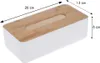 A white tissue box with a wooden lid, showing dimensions. Produktbild-Vorschau