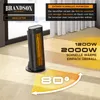 A black Brandson heater is shown in a room with a wooden floor, with marketing text and graphics indicating its features. Produktbild-Vorschau