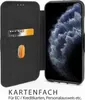 A black flip case for a smartphone is shown open, revealing the phone's screen and the inside of the case with card slots. Text below describes the card slot feature. Produktbild-Vorschau