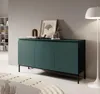 A dark green sideboard with black metal legs is placed in a modern living room setting, next to a floor lamp and a bookshelf. Náhľad obrázku produktu