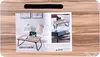 Collage showing a foldable bed table with a wood grain finish. Multiple images depict the table in use with a laptop and book. Produktbild-Vorschau