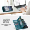 A collage showing a teal phone case with card slots and a person using a laptop. Produktbild-Vorschau