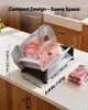 A meat slicer is shown on a kitchen counter with dimensions overlaid. Náhled obrázku produktu