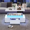 A modern living room with a white coffee table featuring LED lighting and storage. Voir les images du produit