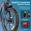 Close-up of an e-bike's front wheel and suspension, with marketing text and feature callouts. Produktbild-Vorschau