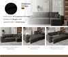 Collage showing a modern sectional sofa in black, with close-ups demonstrating its features like a pull-out bed and storage. Produktbild-Vorschau