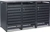 A dark gray, three-unit trash bin enclosure with slatted doors and silver handles, shown outdoors against a white background. Produktbild-Vorschau