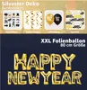 A collage of New Year's Eve decorations, including party props, streamers, balloons, and confetti, with a large "Happy New Year" balloon display in the foreground. Anteprima dell’immagine prodotto