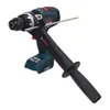 A cordless drill with an auxiliary handle and a metal rod inserted into the chuck, isolated on a white background. Produktbild-Vorschau