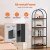 A black metal bookshelf with four shelves, displaying books, a hat, and decorative items. An inset diagram shows the construction of the metal frame. Náhled obrázku produktu