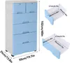 A blue plastic chest of drawers with dimensions shown, and two drawers shown separately with their dimensions. Voir les images du produit