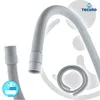 A flexible grey corrugated hose with connectors, shown in a studio setting with a white background and subtle grey graphic overlays. Produktbild-Vorschau