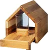 A wooden birdhouse with a glass cylinder inside, set against a white background. Produktbild-Vorschau