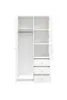 An open white wardrobe with shelves and drawers against a white background. Produktbild-Vorschau