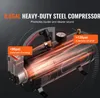 A close-up marketing image of a steel air compressor with glowing orange lines indicating airflow and feature callouts. Produktbild-Vorschau