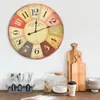 A vintage-style wall clock is displayed on a white wall above a kitchen counter with various kitchen items. Produktbild-Vorschau
