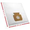 A white vacuum cleaner bag with a brown cardboard attachment for the vacuum cleaner hose. Dimensions are shown with red arrows and text. Produktbild-Vorschau