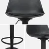 A collage of three close-up shots of a black adjustable bar stool, showing the seat, the base, and the footrest. Produktbild-Vorschau