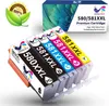 A set of five ink cartridges for a printer, with a box in the background. Produktbild-Vorschau