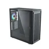 A black computer tower case with a tempered glass side panel and a colorful RGB fan is shown against a white background. Produktbild-Vorschau