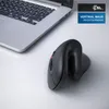 A black vertical mouse is placed on a white surface next to a silver laptop. A marketing graphic with text and a logo is in the upper right corner. Produktbild-Vorschau