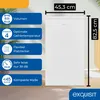 A white refrigerator with feature callouts and dimensions. Produktbild-Vorschau