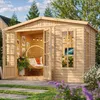 A wooden garden house with open doors, furnished with a hanging chair, plants, and artwork, set in a garden. Produktbild-Vorschau