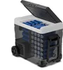 A transparent view of an open cooler box filled with blue cylindrical items, possibly batteries or cans, with a black lid and wheels. Produktbild-Vorschau