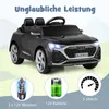A black Audi SQ8 electric toy car for children, with marketing graphics highlighting its features. Produktbild-Vorschau