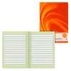A notebook is shown open, with a closed notebook with an orange and yellow abstract design in the background. Produktbild-Vorschau