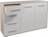 A white and wood-colored dresser with several drawers and doors, shown from the front. Náhled obrázku produktu