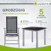 A marketing image showing a garden furniture set with a table and four chairs, along with descriptive text and dimensions. Produktbild-Vorschau
