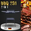 A promotional image for a BBQ grill, showing the product on the left and grilled food on the right. Produktbild-Vorschau