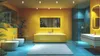 A modern, brightly colored bathroom with a bathtub, sink, and toilet. Produktbild-Vorschau