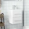 A white bathroom vanity cabinet with two drawers is mounted on a tiled wall. Produktbild-Vorschau