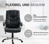 A black office chair with marketing text and icons highlighting its features. Produktbild-Vorschau