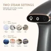 A close-up of a handheld garment steamer with a graphic overlay explaining its two steam settings and fabric compatibility. Náhľad obrázku produktu