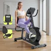 A woman is using a stationary bike in a bright, modern room. Insets show close-ups of the bike's console and seat. Produktbild-Vorschau