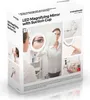 The image shows the product packaging for an LED magnifying mirror with a suction cup, featuring multiple images of the product in use and its features. Podgląd zdjęcia produktu