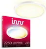 A product box for a round ceiling light, with the light itself shown above it. Produktbild-Vorschau