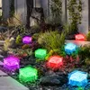 A garden path illuminated by colorful LED solar lights shaped like ice cubes. Produktbild-Vorschau