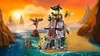 A LEGO Ninjago lighthouse playset is depicted on a sandy island with water and rocky outcrops in the background, under a vibrant orange sky. Produktbild-Vorschau