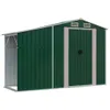A green metal storage shed with a silver frame and trim, shown against a white background. Náhled obrázku produktu