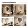 Collage of four different bathroom and dressing room scenes featuring round LED mirrors. Produktbild-Vorschau