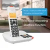 A cordless phone and its base are shown in a living room setting with a speech bubble indicating a feature. Produktbild-Vorschau