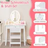 A white children's vanity table and stool set with a lighted mirror, displayed with cosmetic items on top. The image includes inset panels highlighting product features. Náhled obrázku produktu