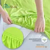 Hands are shown stretching a green fitted sheet over a mattress, with a close-up inset of the elasticized edge. Produktbild-Vorschau