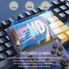 A handheld game console is placed on a keyboard, with a graphic overlay highlighting its features. Produktbild-Vorschau